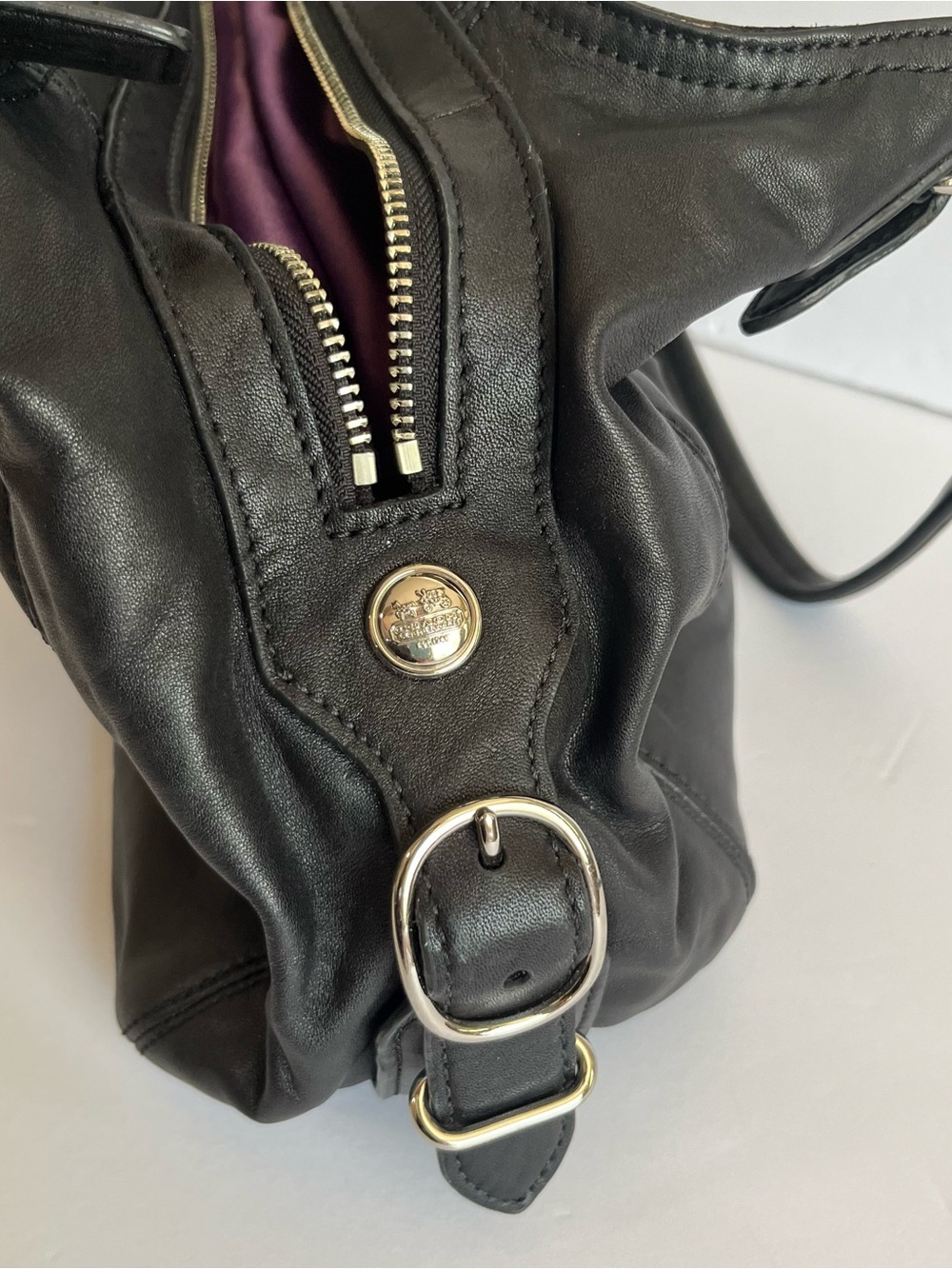 Coach Black Large Maddie Leather Shoulder Bag 3 Signature Charms Purple Satin - Picture 8 of 12